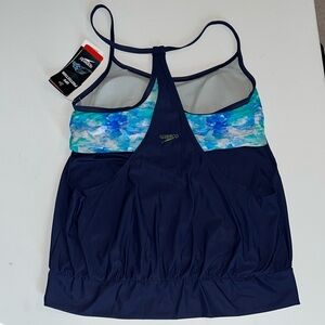 Speedo Blouson racer back tankini swimsuit top M upf blue green